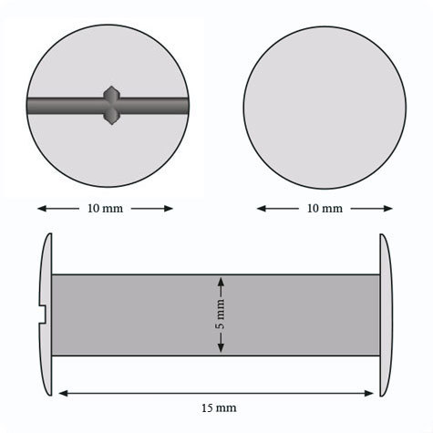 legatoria Viti sepolte rilegatura, OTTONATE, 15mm lunghezza 15 mm, testa diametro 10mm, tubetto diametro 5mm, una testa fissa ed una mobile. La testa mobile ha intaglio a cacciavite e a croce. Per lunghezza, si intende la distanza INTERNA tra le due teste, che corrisponde allo spessore del volume da rilegare.