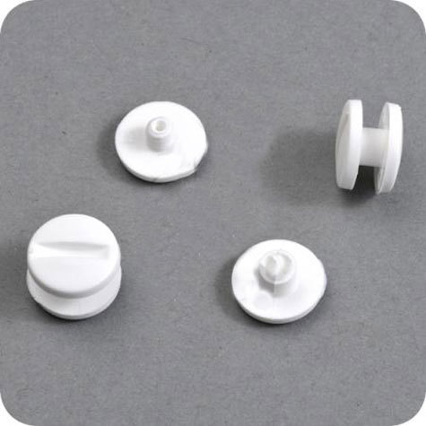 legatoria Viti sepolte rilegatura, plastica 3,5mm  BIANCO, lunghezza mm 3,5, diametro testa 12mm, diametro tubetto 5mm, una testa fissa ed una mobile, LVI6003. Per lunghezza, si intende la distanza INTERNA tra le due teste, che corrisponde allo spessore del volume da rilegare.