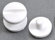 legatoria Viti sepolte rilegatura, plastica 5mm  BIANCO, lunghezza mm 5, diametro testa 12mm, diametro tubetto 5mm, una testa fissa ed una mobile, LVI6005. Per lunghezza, si intende la distanza INTERNA tra le due teste, che corrisponde allo spessore del volume da rilegare.