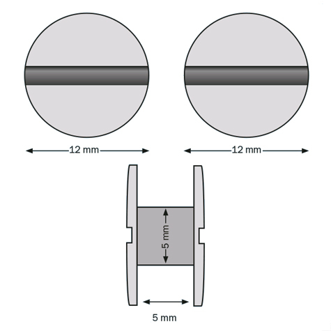 legatoria Viti sepolte rilegatura, plastica 5mm  BIANCO, lunghezza mm 5, diametro testa 12mm, diametro tubetto 5mm, una testa fissa ed una mobile, LVI6005. Per lunghezza, si intende la distanza INTERNA tra le due teste, che corrisponde allo spessore del volume da rilegare.