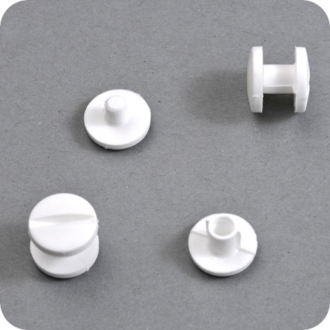 legatoria Viti sepolte rilegatura, plastica 6mm  BIANCO, lunghezza mm 6, diametro testa 12mm, diametro tubetto 5mm, una testa fissa ed una mobile, LVI6006. Per lunghezza, si intende la distanza INTERNA tra le due teste, che corrisponde allo spessore del volume da rilegare.