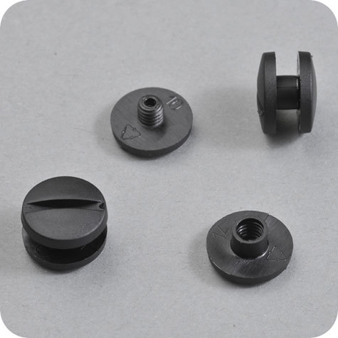 legatoria Viti sepolte rilegatura. plastica 6mm  NERO, lunghezza mm 6, diametro testa 12mm, diametro tubetto 5mm, una testa fissa ed una mobile, LVI6106. Per lunghezza, si intende la distanza INTERNA tra le due teste, che corrisponde allo spessore del volume da rilegare.