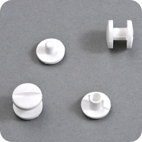 legatoria Viti sepolte rilegatura, plastica 7mm  BIANCO, lunghezza mm 7, diametro testa 12mm, diametro tubetto 5mm, una testa fissa ed una mobile, LVI6007. Per lunghezza, si intende la distanza INTERNA tra le due teste, che corrisponde allo spessore del volume da rilegare.