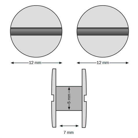 legatoria Viti sepolte rilegatura. plastica 7mm  NERO, lunghezza mm 7, diametro testa 12mm, diametro tubetto 5mm, una testa fissa ed una mobile, LVI6107. Per lunghezza, si intende la distanza INTERNA tra le due teste, che corrisponde allo spessore del volume da rilegare.