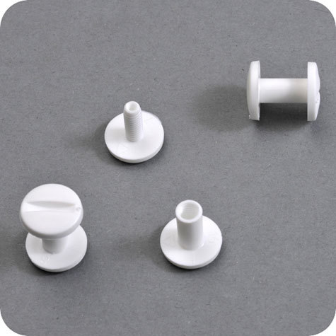 legatoria Viti sepolte rilegatura, plastica 8mm  BIANCO, lunghezza mm 8, diametro testa 12mm, diametro tubetto 5mm, una testa fissa ed una mobile, LVI6007. Per lunghezza, si intende la distanza INTERNA tra le due teste, che corrisponde allo spessore del volume da rilegare.