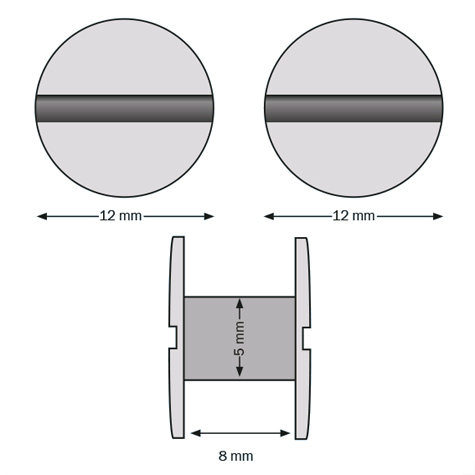 legatoria Viti sepolte rilegatura, plastica 8mm  BIANCO, lunghezza mm 8, diametro testa 12mm, diametro tubetto 5mm, una testa fissa ed una mobile, LVI6007. Per lunghezza, si intende la distanza INTERNA tra le due teste, che corrisponde allo spessore del volume da rilegare.