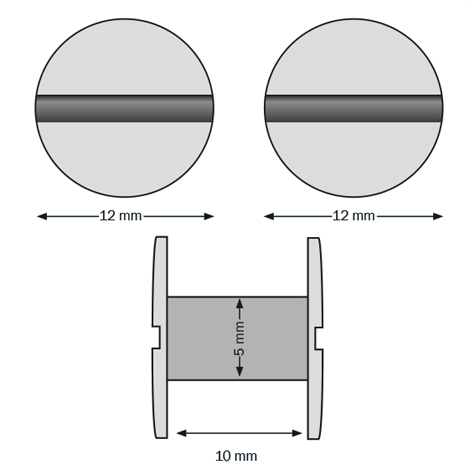 legatoria Viti sepolte rilegatura, plastica 10mm  BIANCO, lunghezza mm 10, diametro testa 12mm, diametro tubetto 5mm, una testa fissa ed una mobile, LVI6010. Per lunghezza, si intende la distanza INTERNA tra le due teste, che corrisponde allo spessore del volume da rilegare.
