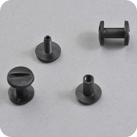 legatoria Viti sepolte rilegatura. plastica 12mm  NERO, lunghezza mm 12, diametro testa 12mm, diametro tubetto 5mm, una testa fissa ed una mobile, LV6112. Per lunghezza, si intende la distanza INTERNA tra le due teste, che corrisponde allo spessore del volume da rilegare.