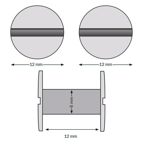 legatoria Viti sepolte rilegatura. plastica 12mm  NERO, lunghezza mm 12, diametro testa 12mm, diametro tubetto 5mm, una testa fissa ed una mobile, LV6112. Per lunghezza, si intende la distanza INTERNA tra le due teste, che corrisponde allo spessore del volume da rilegare.