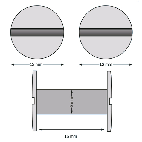 legatoria Viti sepolte rilegatura, plastica 15mm  BIANCO, lunghezza mm 15, diametro testa 12mm, diametro tubetto 5mm, una testa fissa ed una mobile, LVI6015. Per lunghezza, si intende la distanza INTERNA tra le due teste, che corrisponde allo spessore del volume da rilegare.