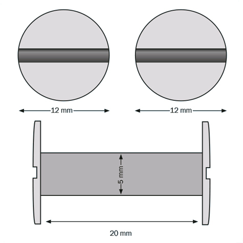 legatoria Viti sepolte rilegatura, plastica 20mm  BIANCO, lunghezza mm 20, diametro testa 12mm, diametro tubetto 5mm, una testa fissa ed una mobile, LVI6020. Per lunghezza, si intende la distanza INTERNA tra le due teste, che corrisponde allo spessore del volume da rilegare.