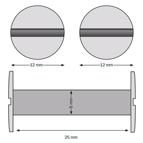 legatoria Viti sepolte rilegatura, plastica 25mm  BIANCO, lunghezza mm 25, diametro testa 12mm, diametro tubetto 5mm, una testa fissa ed una mobile, LVI6025. Per lunghezza, si intende la distanza INTERNA tra le due teste, che corrisponde allo spessore del volume da rilegare.