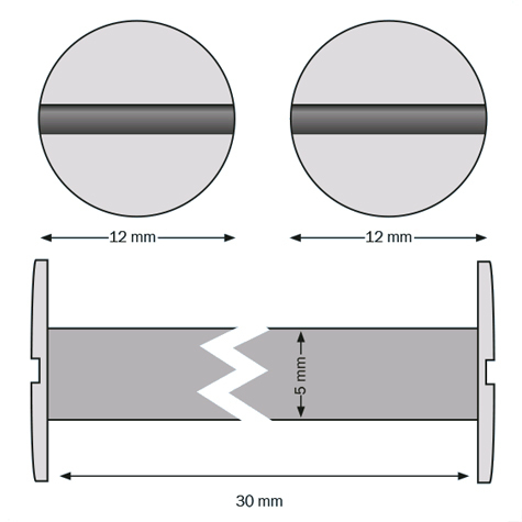 legatoria Viti sepolte rilegatura. plastica 30mm  NERO, lunghezza mm 30, diametro testa 12mm, diametro tubetto 5mm, una testa fissa ed una mobile, LVI6130. Per lunghezza, si intende la distanza INTERNA tra le due teste, che corrisponde allo spessore del volume da rilegare.