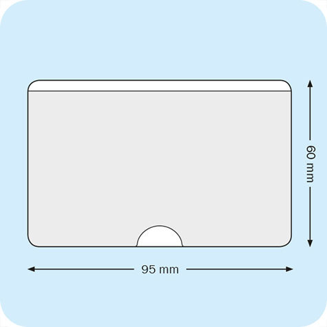 legatoria Portabiglietti da visita adesivo 95x60mm Business Card Pocket in vinile trasparente 120 micron, apertura sul lato lungo, intaglio circolare per estrarre fuori i biglietti sul lato lungo inferiore chiuso. il foglio frontale  ribassato e il retro autoadesivo.