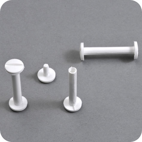 legatoria Viti sepolte rilegatura, plastica 50mm  BIANCO, lunghezza mm 50, diametro testa 12mm, diametro tubetto 5mm, una testa fissa ed una mobile, LVI6050. Per lunghezza, si intende la distanza INTERNA tra le due teste, che corrisponde allo spessore del volume da rilegare.