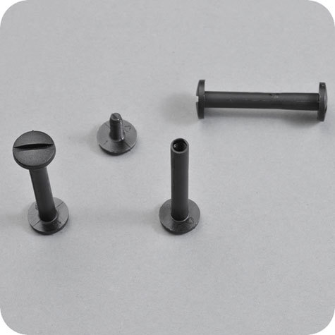 legatoria Viti sepolte rilegatura. plastica 50mm  NERO, lunghezza mm 50, diametro testa 12mm, diametro tubetto 5mm, una testa fissa ed una mobile, LVI6150. Per lunghezza, si intende la distanza INTERNA tra le due teste, che corrisponde allo spessore del volume da rilegare.