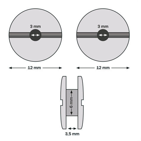 legatoria Viti sepolte forate NERE 3.5mm  lunghezza 3,5 mm, diametro testa 12mm, diametro tubetto 6mm, foro interno 3mm, una testa fissa ed una mobile. Per lunghezza, si intende la distanza INTERNA tra le due teste, che corrisponde allo spessore del volume da rilegare.