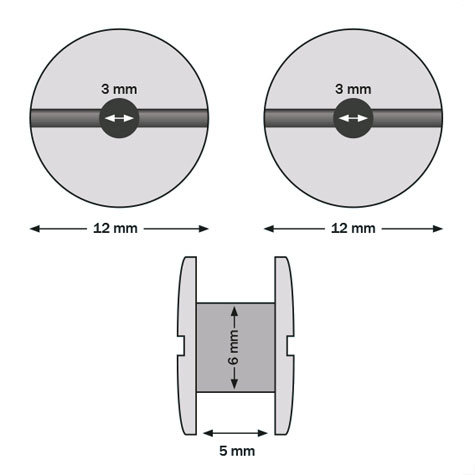 legatoria Viti sepolte forate BIANCHE 5mm  lunghezza 5 mm, diametro testa 12mm, diametro tubetto 6mm, foro interno 3mm, una testa fissa ed una mobile. Per lunghezza, si intende la distanza INTERNA tra le due teste, che corrisponde allo spessore del volume da rilegare.