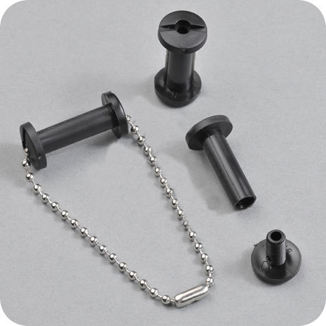 legatoria Viti sepolte forate NERE 15mm  lunghezza 15 mm, diametro testa 12mm, diametro tubetto 6mm, foro interno 3mm, una testa fissa ed una mobile. Per lunghezza, si intende la distanza INTERNA tra le due teste, che corrisponde allo spessore del volume da rilegare.