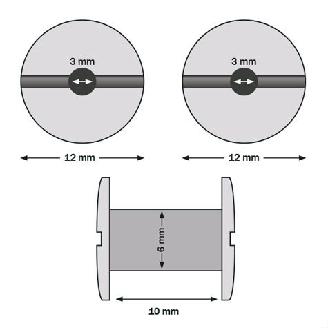 legatoria Viti sepolte forate NERE 10mm  lunghezza 10 mm, diametro testa 12mm, diametro tubetto 6mm, foro interno 3mm, una testa fissa ed una mobile. Per lunghezza, si intende la distanza INTERNA tra le due teste, che corrisponde allo spessore del volume da rilegare.