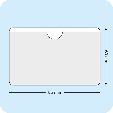 legatoria Portabiglietti da visita adesivo 95x60mm Business Card Pocket in vinile trasparente 120 micron, apertura sul lato lungo con intaglio circolare per l'agevolazione dell'estrazione edell'inserimento dei biglietti. il foglio frontale  ribassato e il retro autoadesivo.