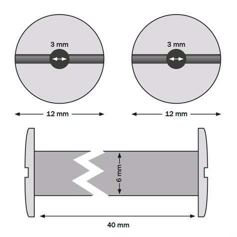legatoria Viti sepolte forate NERE 40mm  lunghezza 40 mm, diametro testa 12mm, diametro tubetto 6mm, foro interno 3mm, una testa fissa ed una mobile. Per lunghezza, si intende la distanza INTERNA tra le due teste, che corrisponde allo spessore del volume da rilegare.