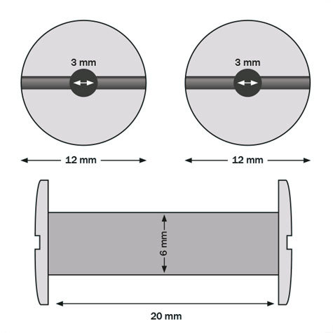 legatoria Viti sepolte forate BIANCHE 50mm  lunghezza 50 mm, diametro testa 12mm, diametro tubetto 6mm, foro interno 3mm, una testa fissa ed una mobile. Per lunghezza, si intende la distanza INTERNA tra le due teste, che corrisponde allo spessore del volume da rilegare.
