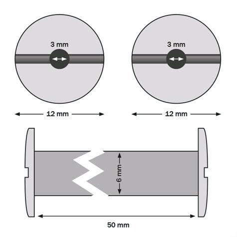 legatoria Viti sepolte forate NERE 50mm  lunghezza 50 mm, diametro testa 12mm, diametro tubetto 6mm, foro interno 3mm, una testa fissa ed una mobile. Per lunghezza, si intende la distanza INTERNA tra le due teste, che corrisponde allo spessore del volume da rilegare.