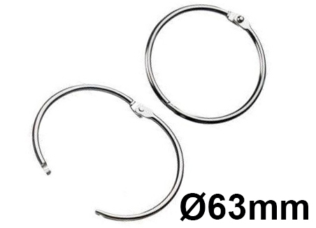 legatoria Anello apribile metallo NICHELATO 63mm NICHELATO. Diametro interno: 63mm, diametro esterno 65,70mm spessore filo: 3,20mm.