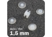 legatoria Rivetto in plastica, 1,5mm TRASPARENTE, a testa sottile, in due pezzi, spessore testa 1mm, spessore base 1mm, spessore rilegabile 1,5mm, spessore complessivo a rivetto chiuso 3,5mm, foro da praticare sui fogli 5mm, diametro esterno della base e della testa 10mm..