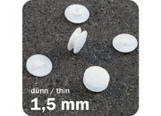 legatoria Rivetto in plastica 1,5mm BIANCO, a testa sottile, in due pezzi, spessore testa 1mm, spessore base 1mm, spessore rilegabile 1,5mm, spessore complessivo a rivetto chiuso 3,5mm, foro da praticare sui fogli 5mm, diametro esterno della base e della testa 10mm..