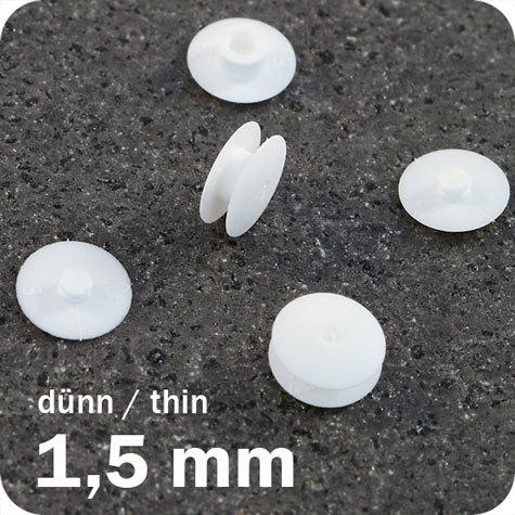 legatoria Rivetto in plastica 1,5mm BIANCO, a testa sottile, in due pezzi, spessore testa 1mm, spessore base 1mm, spessore rilegabile 1,5mm, spessore complessivo a rivetto chiuso 3,5mm, foro da praticare sui fogli 5mm, diametro esterno della base e della testa 10mm..