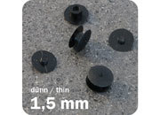 legatoria Rivetto in plastica 1,5mm NERO, a testa sottile, in due pezzi, spessore testa 1mm, spessore base 1mm, spessore rilegabile 1,5mm, spessore complessivo a rivetto chiuso 3,5mm, foro da praticare sui fogli 5mm, diametro esterno della base e della testa 10mm..