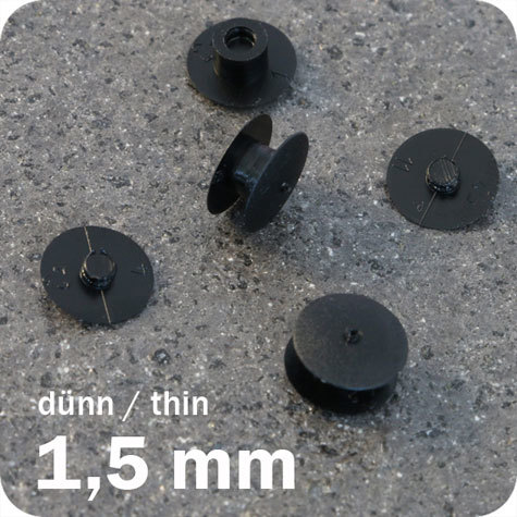 legatoria Rivetto in plastica 1,5mm NERO, a testa sottile, in due pezzi, spessore testa 1mm, spessore base 1mm, spessore rilegabile 1,5mm, spessore complessivo a rivetto chiuso 3,5mm, foro da praticare sui fogli 5mm, diametro esterno della base e della testa 10mm..