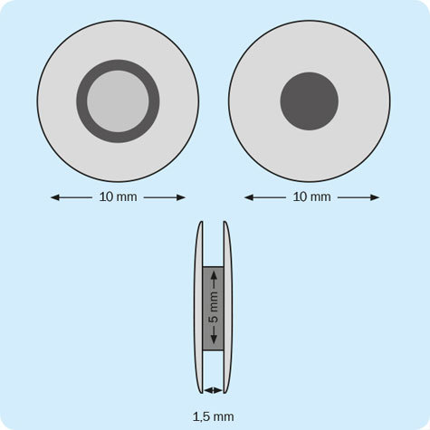legatoria Rivetto in plastica 1,5mm NERO, a testa sottile, in due pezzi, spessore testa 1mm, spessore base 1mm, spessore rilegabile 1,5mm, spessore complessivo a rivetto chiuso 3,5mm, foro da praticare sui fogli 5mm, diametro esterno della base e della testa 10mm..