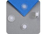 legatoria Rivetto in plastica 2,5mm TRASPARENTE, a testa sottile, in due pezzi, spessore testa 1mm, spessore base 1mm, spessore rilegabile 2,5mm, spessore complessivo a rivetto chiuso 4,5mm, foro da praticare sui fogli 5mm, diametro esterno della base e della testa 10mm..