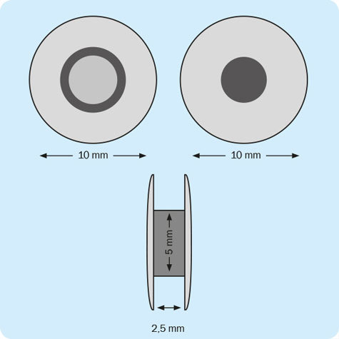 legatoria Rivetto in plastica 2,5mm TRASPARENTE, a testa sottile, in due pezzi, spessore testa 1mm, spessore base 1mm, spessore rilegabile 2,5mm, spessore complessivo a rivetto chiuso 4,5mm, foro da praticare sui fogli 5mm, diametro esterno della base e della testa 10mm..