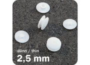 legatoria Rivetto in plastica 2,5mm BIANCO, a testa sottile, in due pezzi, spessore testa 1mm, spessore base 1mm, spessore rilegabile 2,5mm, spessore complessivo a rivetto chiuso 4,5mm, foro da praticare sui fogli 5mm, diametro esterno della base e della testa 10mm..