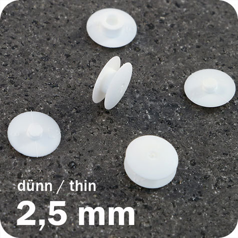legatoria Rivetto in plastica 2,5mm BIANCO, a testa sottile, in due pezzi, spessore testa 1mm, spessore base 1mm, spessore rilegabile 2,5mm, spessore complessivo a rivetto chiuso 4,5mm, foro da praticare sui fogli 5mm, diametro esterno della base e della testa 10mm..