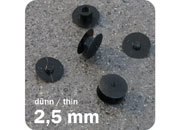 legatoria Rivetto in plastica 2,5mm NERO, a testa sottile, in due pezzi, spessore testa 1mm, spessore base 1mm, spessore rilegabile 2,5mm, spessore complessivo a rivetto chiuso 4,5mm, foro da praticare sui fogli 5mm, diametro esterno della base e della testa 10mm..