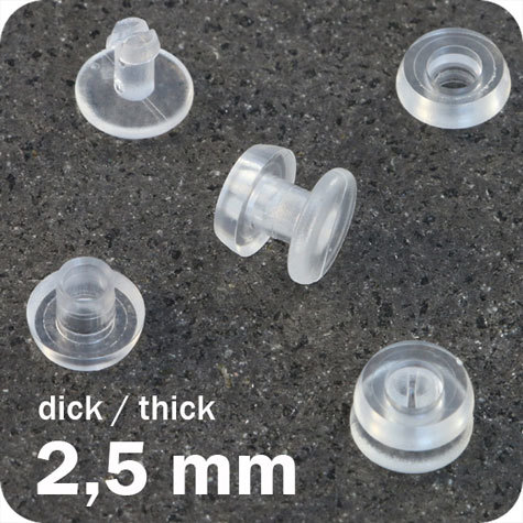 legatoria Rivetto in plastica 2,5mm, TRASPARENTE,  in due pezzi, a testa spessa, spessore testa 2mm, spessore base 3mm, spessore rilegabile 2,5mm, spessore complessivo a rivetto chiuso 7,5mm, foro da praticare sui fogli 6mm, diametro esterno della base e della testa 11,5mm.