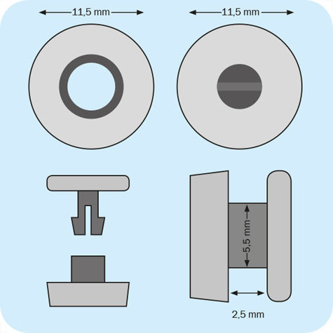legatoria Rivetto in plastica 2,5mm, TRASPARENTE,  in due pezzi, a testa spessa, spessore testa 2mm, spessore base 3mm, spessore rilegabile 2,5mm, spessore complessivo a rivetto chiuso 7,5mm, foro da praticare sui fogli 6mm, diametro esterno della base e della testa 11,5mm.