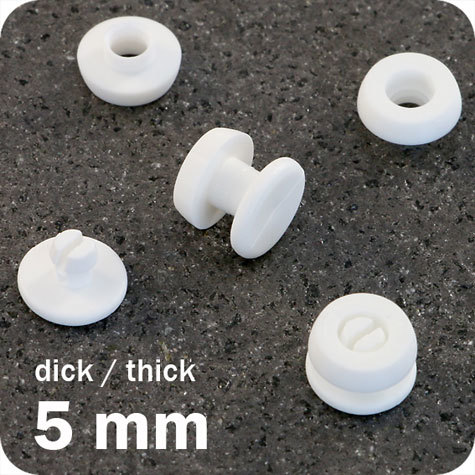 legatoria Rivetto in plastica 2,5mm, BIANCO, a testa spessa, in due pezzi, spessore testa 2mm, spessore base 3mm, spessore rilegabile 5mm, spessore complessivo a rivetto chiuso 10mm, foro da praticare sui fogli 6mm, diametro esterno della base e della testa 11,5mm.