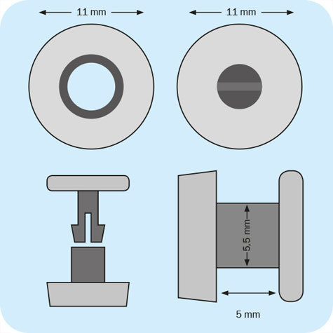 legatoria Rivetto in plastica 2,5mm, BIANCO, a testa spessa, in due pezzi, spessore testa 2mm, spessore base 3mm, spessore rilegabile 5mm, spessore complessivo a rivetto chiuso 10mm, foro da praticare sui fogli 6mm, diametro esterno della base e della testa 11,5mm.