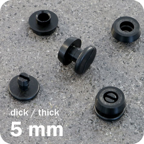 legatoria Rivetto in plastica 5mm, NERO,  in due pezzi, spessore testa 2mm, spessore base 3mm, spessore rilegabile 5mm, spessore complessivo a rivetto chiuso 10mm, foro da praticare sui fogli 6mm, diametro esterno della base e della testa 11,5mm..
