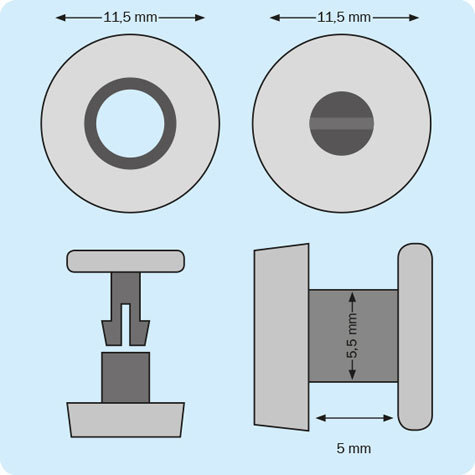 legatoria Rivetto in plastica 5mm, NERO,  in due pezzi, spessore testa 2mm, spessore base 3mm, spessore rilegabile 5mm, spessore complessivo a rivetto chiuso 10mm, foro da praticare sui fogli 6mm, diametro esterno della base e della testa 11,5mm..