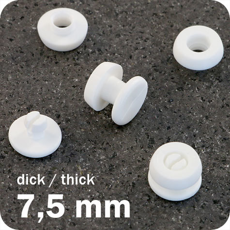 legatoria Rivetto in plastica 7,5mm, BIANCO,  in due pezzi, a testa spessa, spessore testa 2mm, spessore base 3mm, spessore rilegabile 7,5mm, spessore complessivo a rivetto chiuso 12,5mm, foro da praticare sui fogli 6mm, diametro esterno della base e della testa 11,5mm.