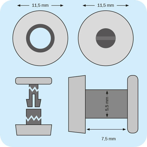legatoria Rivetto in plastica 7,5mm, BIANCO,  in due pezzi, a testa spessa, spessore testa 2mm, spessore base 3mm, spessore rilegabile 7,5mm, spessore complessivo a rivetto chiuso 12,5mm, foro da praticare sui fogli 6mm, diametro esterno della base e della testa 11,5mm.