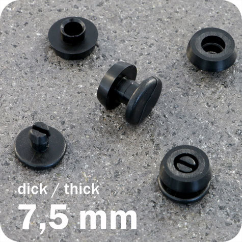 legatoria Rivetto in plastica 7,5mm, NERO,  in due pezzi, a testa spessa, spessore testa 2mm, spessore base 3mm, spessore rilegabile 7,5mm, spessore complessivo a rivetto chiuso 12,5mm, foro da praticare sui fogli 6mm, diametro esterno della base e della testa 11,5mm.