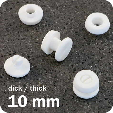 legatoria Rivetto in plastica 10mm, BIANCO,  in due pezzi, a testa spessa, spessore testa 2mm, spessore base 3mm, spessore rilegabile 10mm, spessore complessivo a rivetto chiuso 15mm, foro da praticare sui fogli 6mm, diametro esterno della base e della testa 11,5mm.